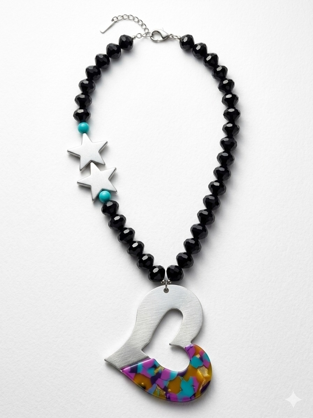 Handcrafted Black Bead Necklace with Multicolor Heart Pendant and Silver Stars